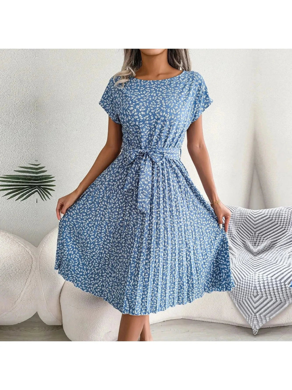 Olivia | Women’s Floral Dress With Tie Waist And Short Sleeves