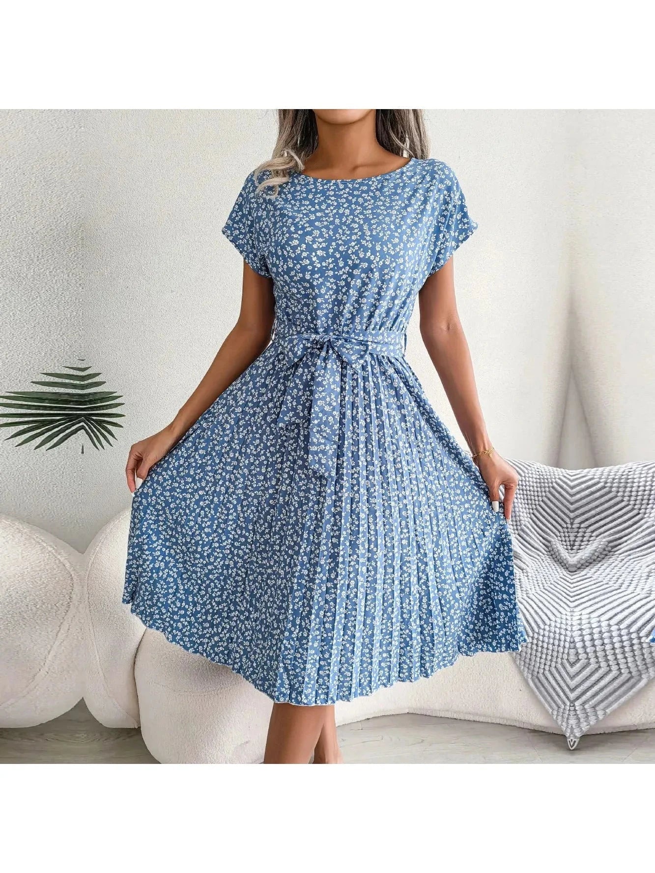 Olivia | Women’s Floral Dress With Tie Waist And Short Sleeves