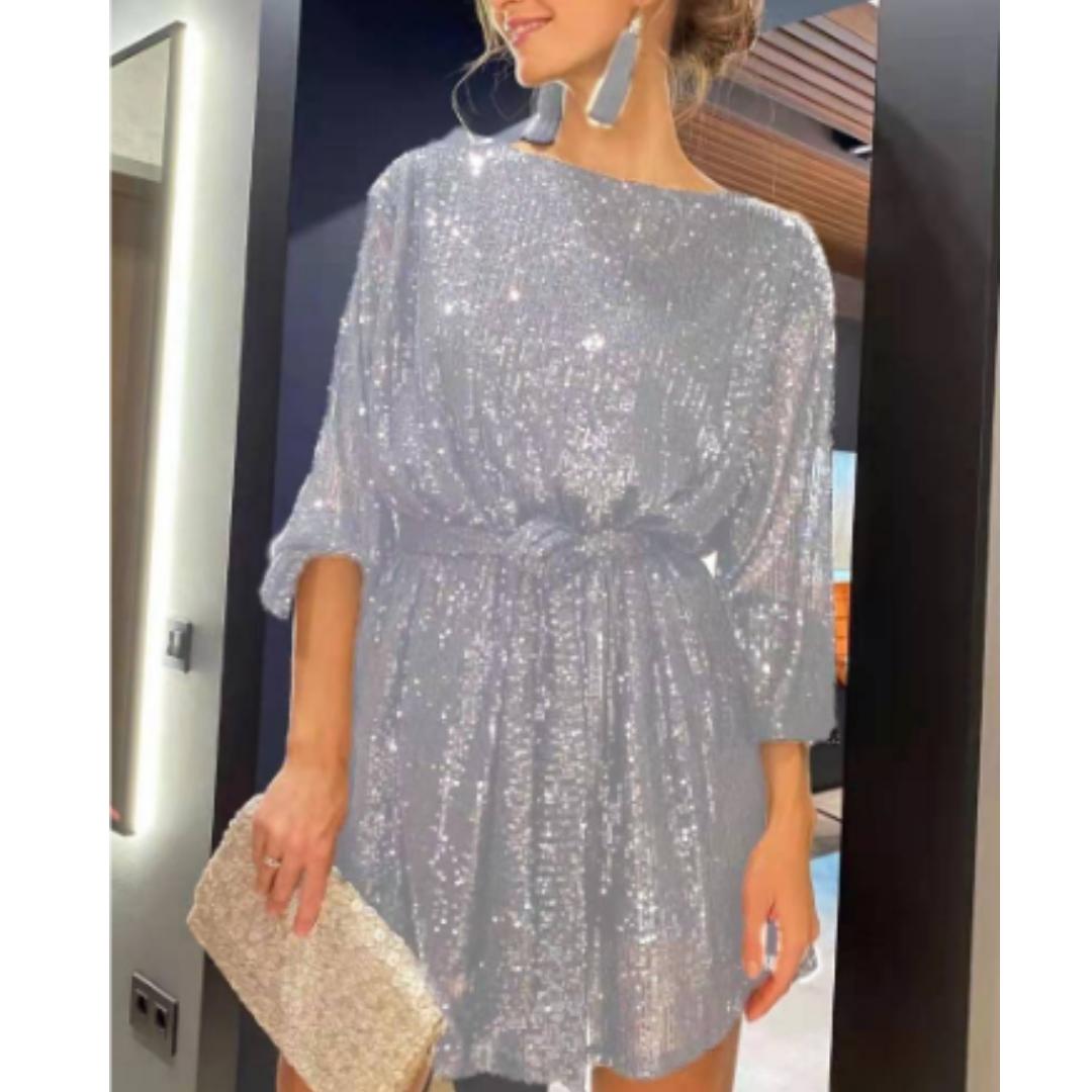 Olivia | Women's Prom Dress With Long Sleeves And Pleated Texture Sparkle Fit-and-Flare Night Out Look
