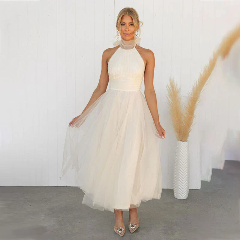 Pearlina | Women's Sparkle Dress With Mesh High Neck And Flared Silhouette | Elegant