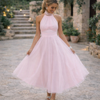 Pearlina | Women's Sparkle Dress With Mesh High Neck And Flared Silhouette | Elegant