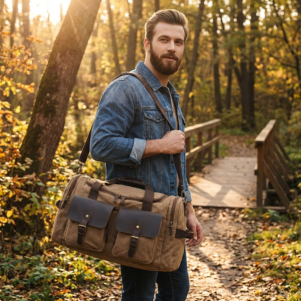 Rowan | Unisex Duffel Bag With Canvas Build And Leather Trim | Vintage