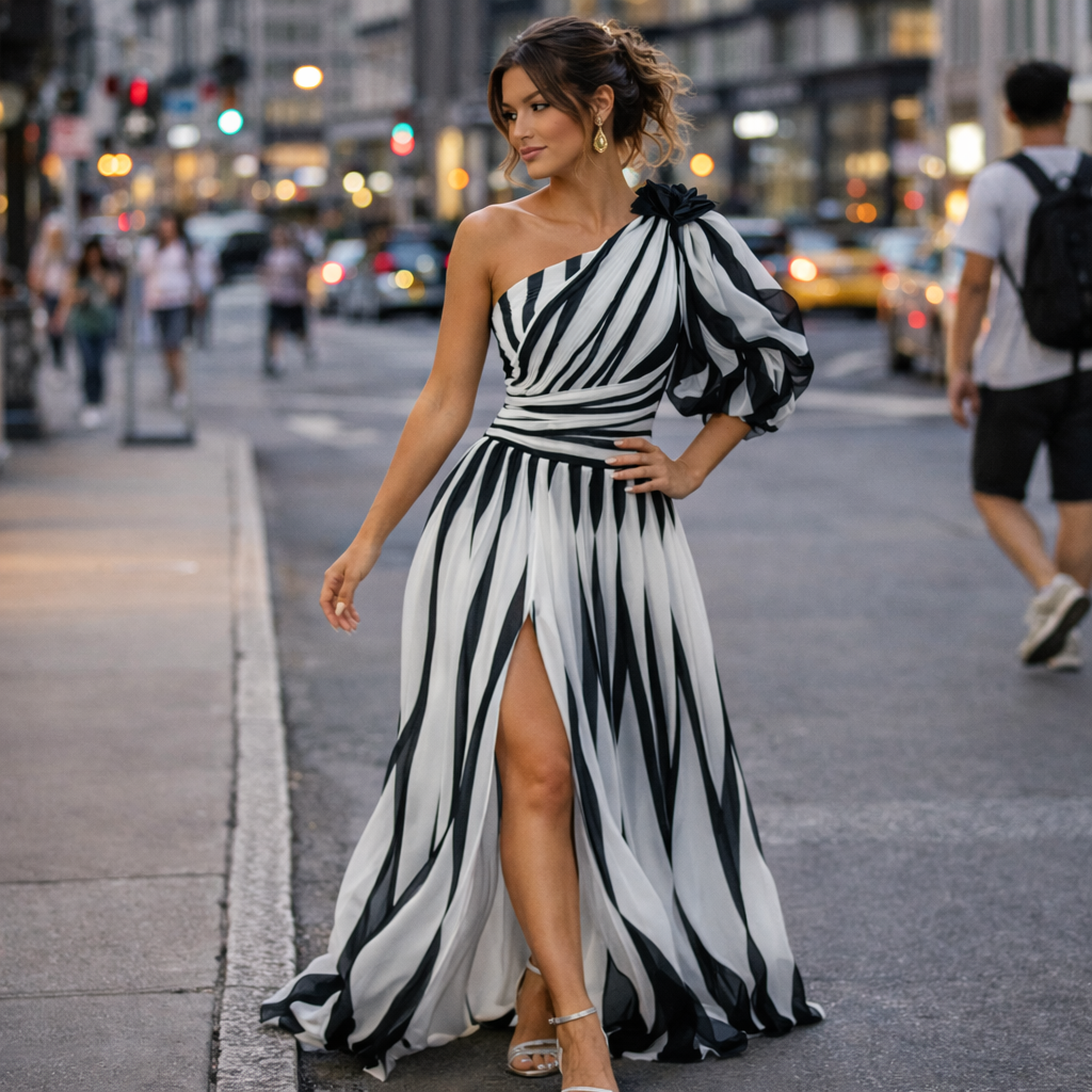 Sofia | Women Prom Dress With Striped Slit And Drop Shoulder | Sexy Evening Style