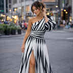 Sofia | Women Prom Dress With Striped Slit And Drop Shoulder | Sexy Evening Style