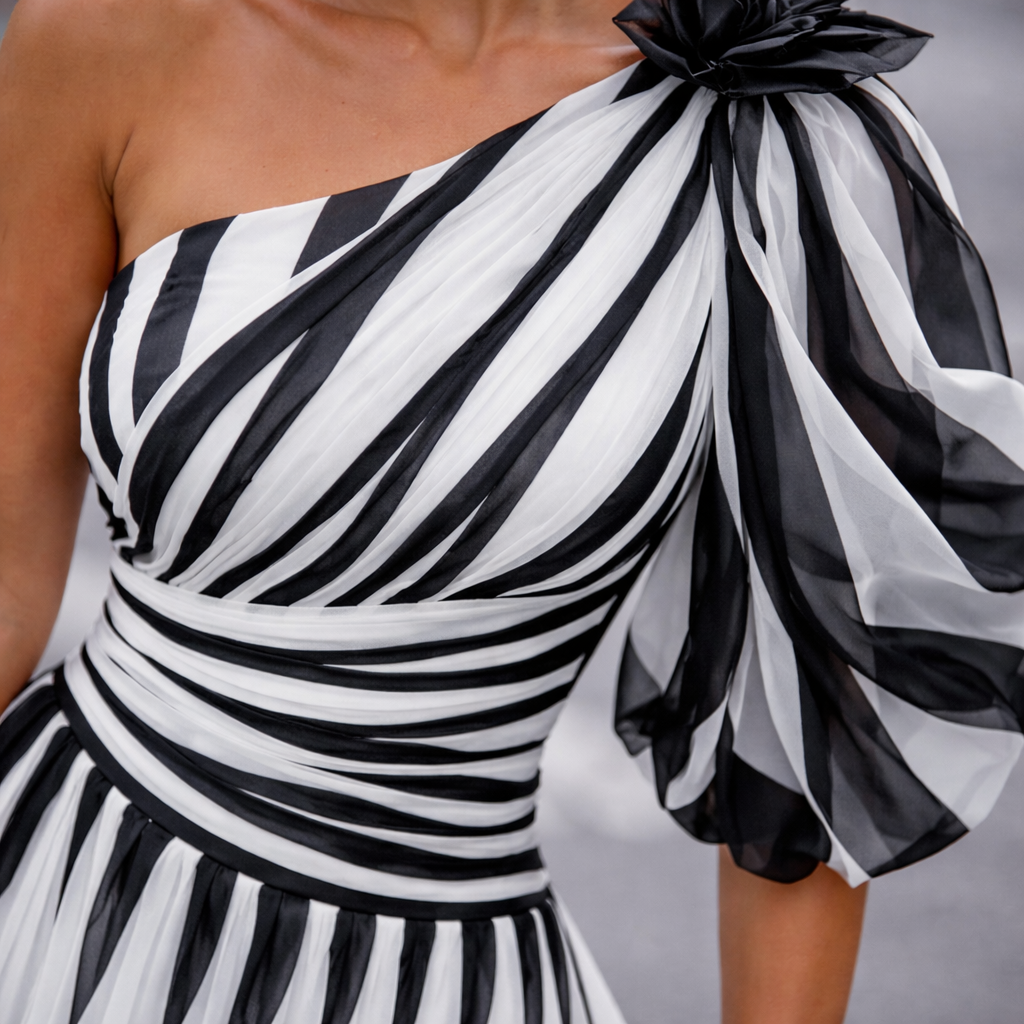Sofia | Women Prom Dress With Striped Slit And Drop Shoulder | Sexy Evening Style