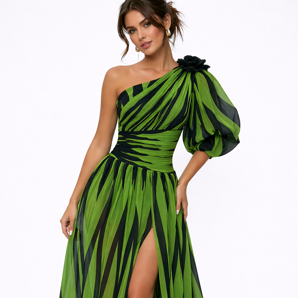 Sofia | Women Prom Dress With Striped Slit And Drop Shoulder | Sexy Evening Style