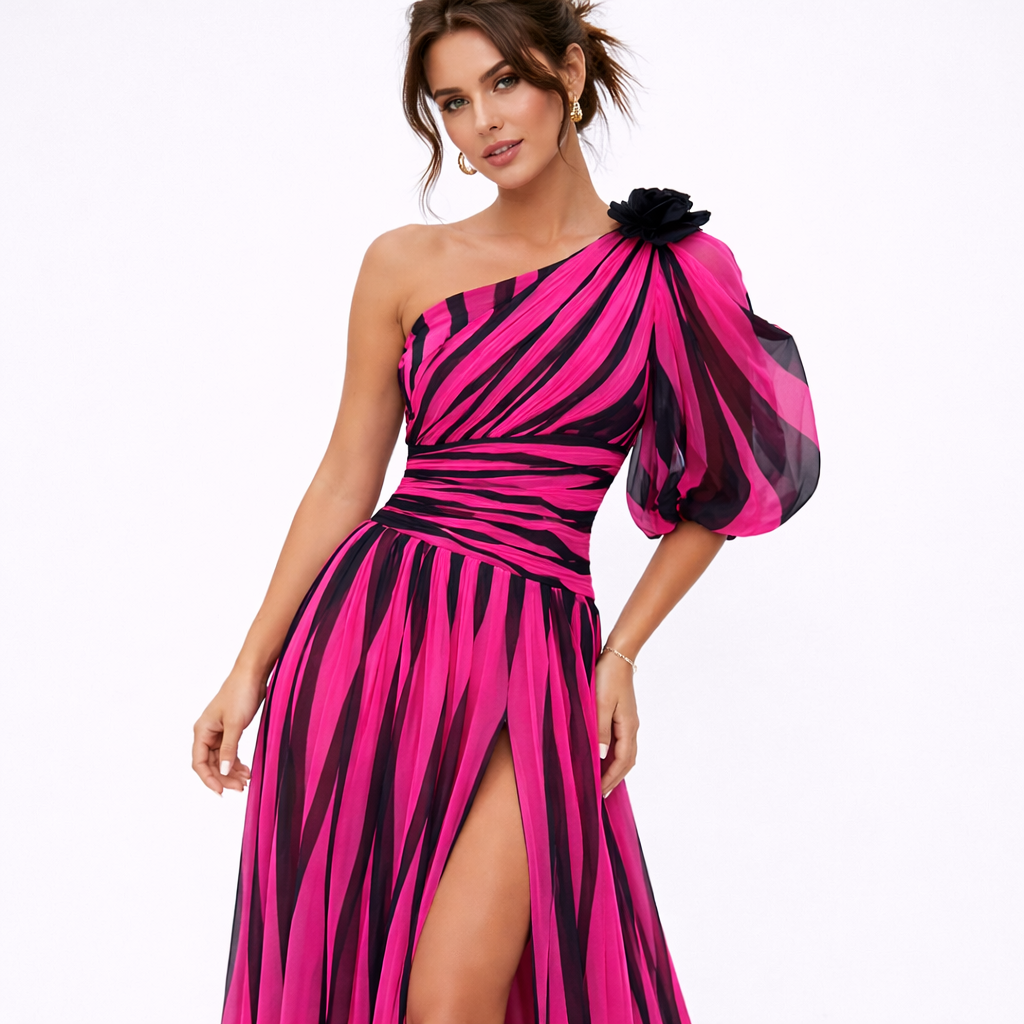 Sofia | Women Prom Dress With Striped Slit And Drop Shoulder | Sexy Evening Style
