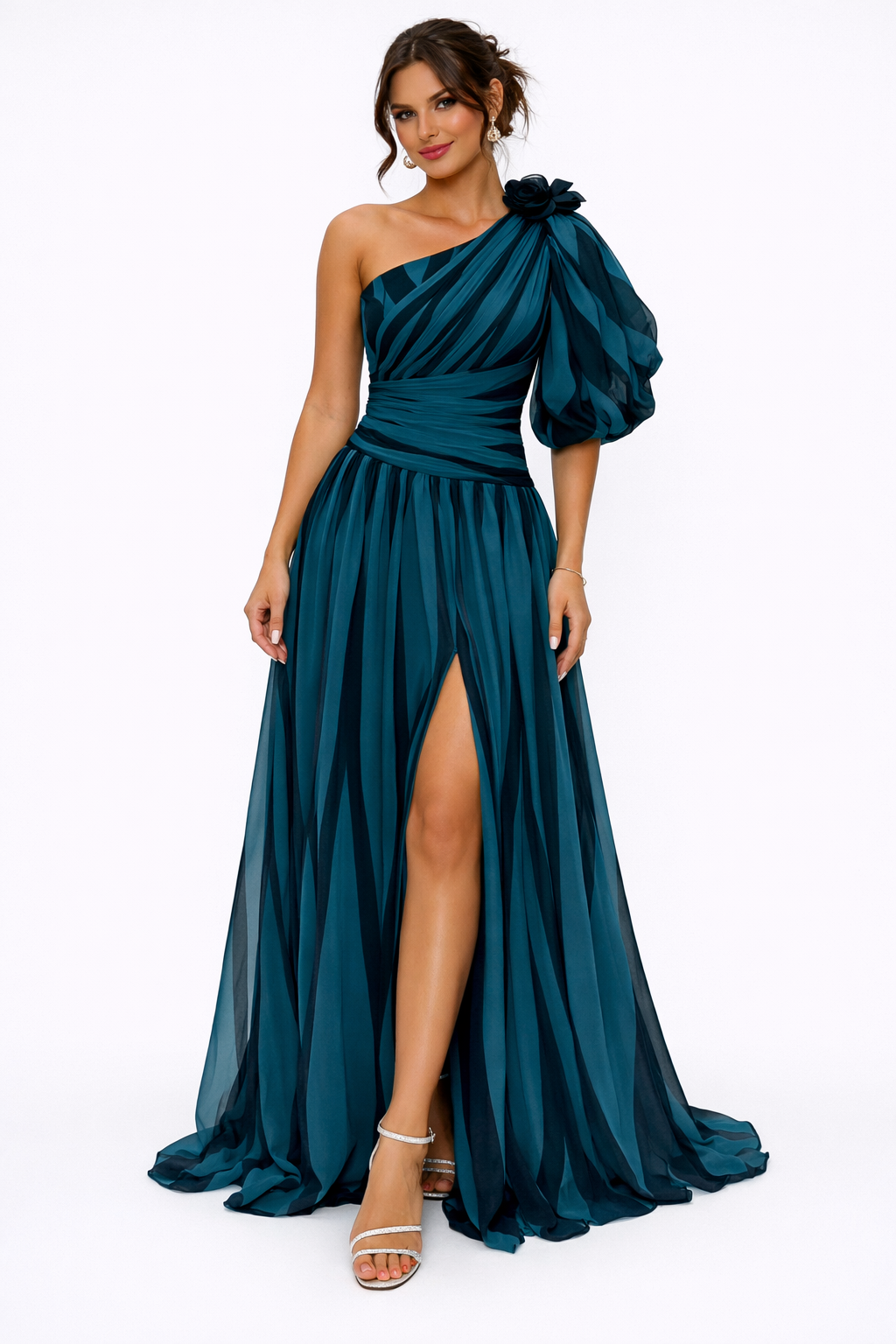 Sofia | Women Prom Dress With Striped Slit And Drop Shoulder | Sexy Evening Style