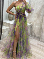 Sophia | Women’s Floral Dress With Asymmetric Neckline And Thigh-High Slit