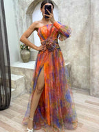 Sophia | Women’s Floral Dress With Asymmetric Neckline And Thigh-High Slit