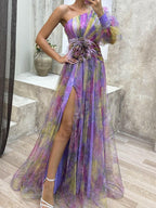 Sophia | Women’s Floral Dress With Asymmetric Neckline And Thigh-High Slit