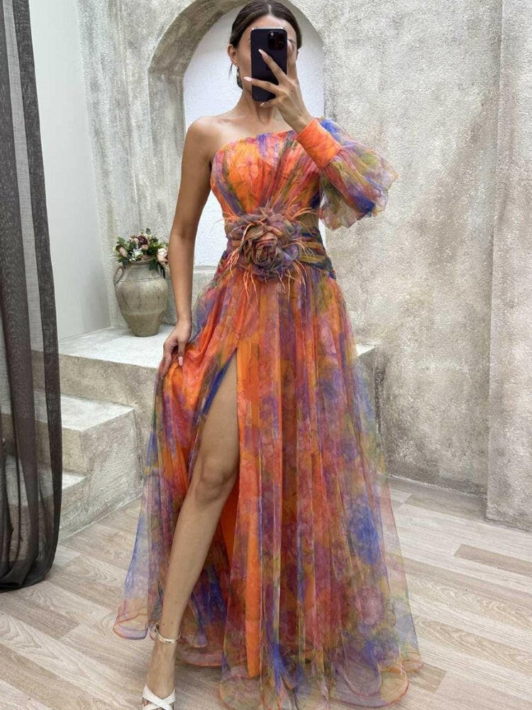 Sophia | Women’s Floral Dress With Asymmetric Neckline And Thigh-High Slit