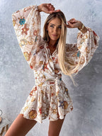 Sophia | Women's V-Neck Tropical Romper With Long Sleeves