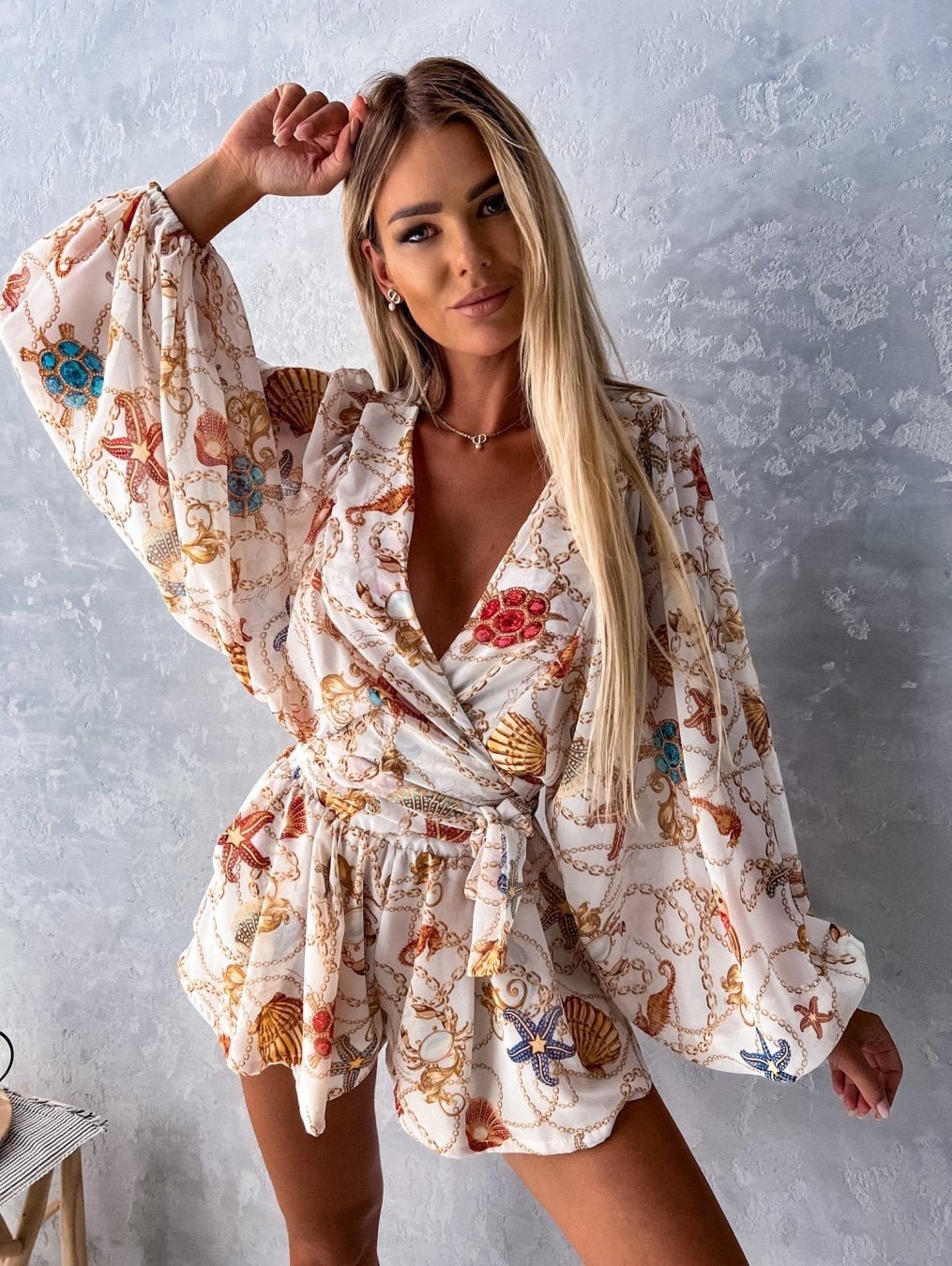 Sophia | Women's V-Neck Tropical Romper With Long Sleeves