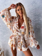 Sophia | Women's V-Neck Tropical Romper With Long Sleeves