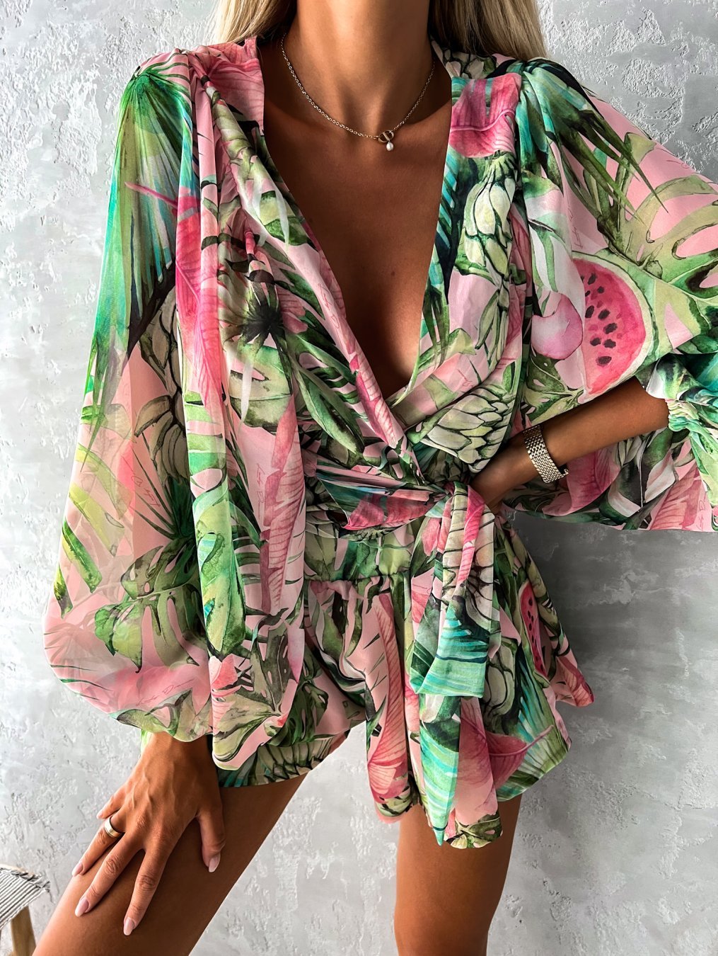 Sophia | Women's V-Neck Tropical Romper With Long Sleeves
