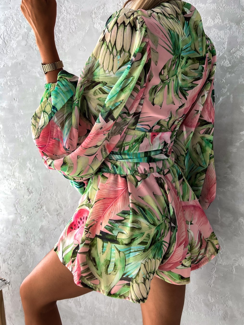 Sophia | Women's V-Neck Tropical Romper With Long Sleeves