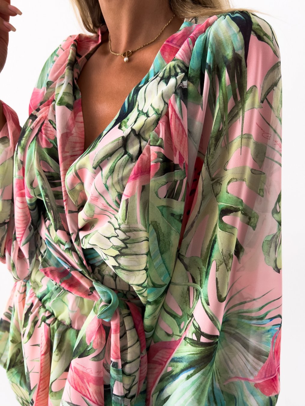 Sophia | Women's V-Neck Tropical Romper With Long Sleeves