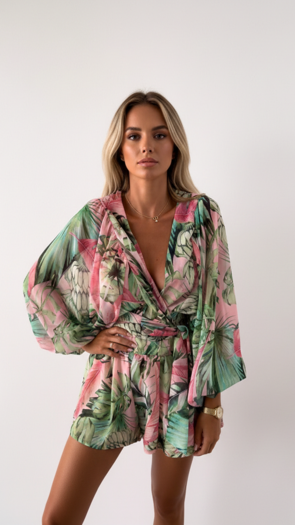 Sophia | Women's V-Neck Tropical Romper With Long Sleeves