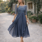 Sylvana | Women's Floral Dress With Lace Embroidered Bodice And Tea Length Skirt | Elegant