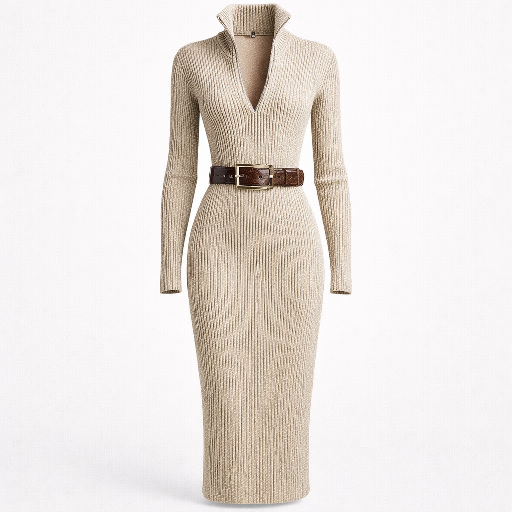 Valériea | Women’s Formal Dress With Knit Fabric And Belted Waist | Elegant