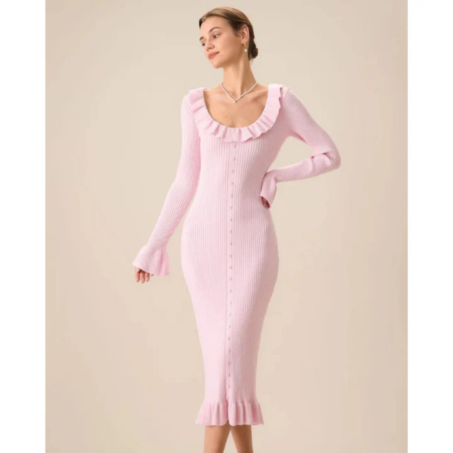 Vicenza | Women’s Knit Graduation Dress With Ruffle Neck & Bodycon Fit | Elegant