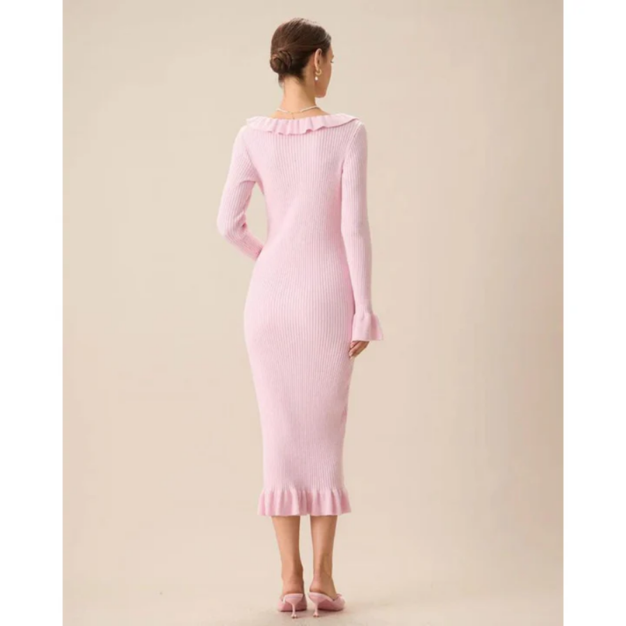 Vicenza | Women’s Knit Graduation Dress With Ruffle Neck & Bodycon Fit | Elegant
