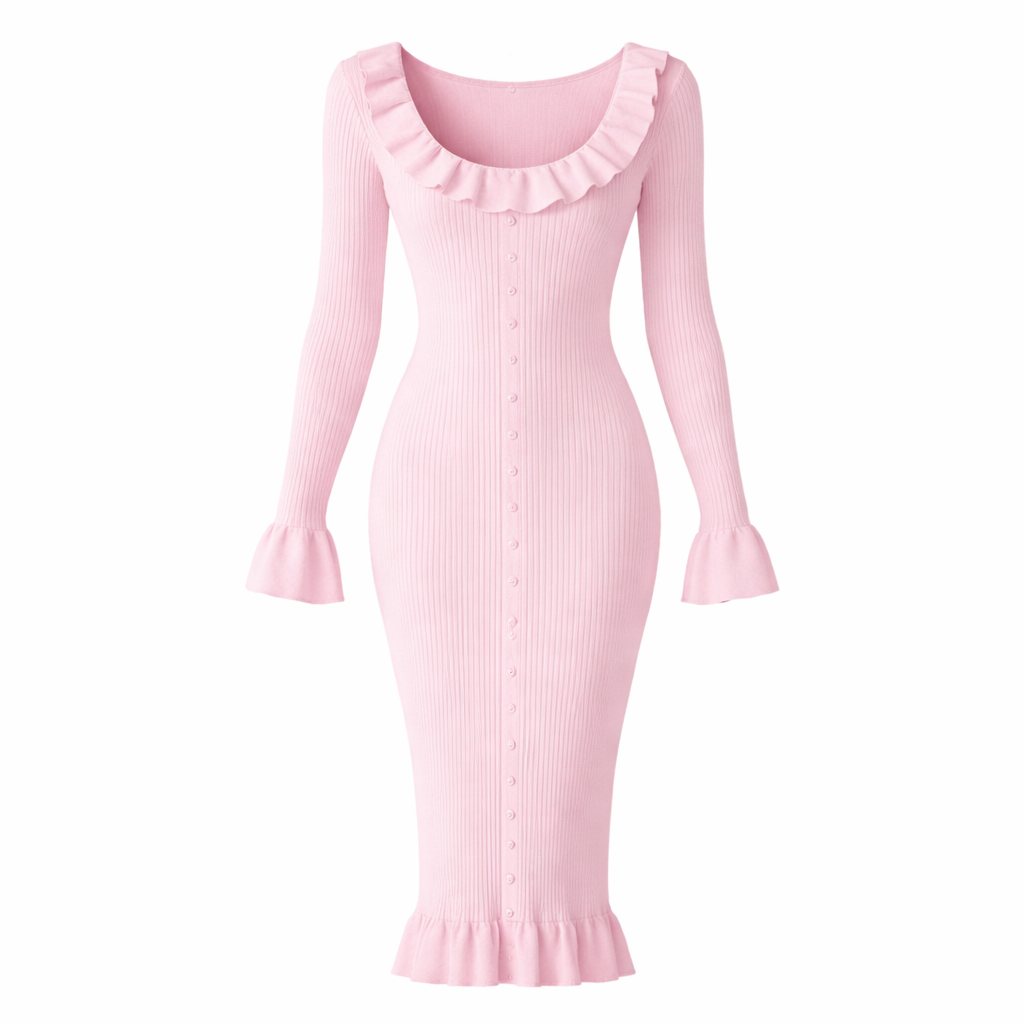 Vicenza | Women’s Knit Graduation Dress With Ruffle Neck & Bodycon Fit | Elegant