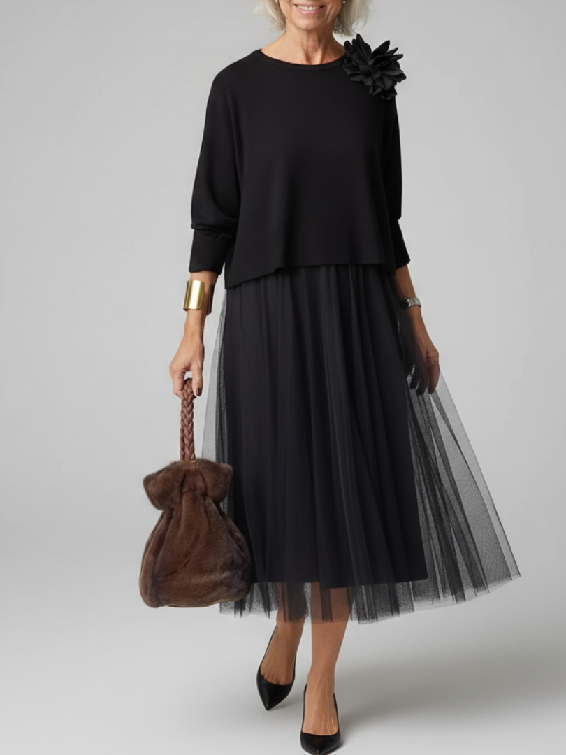 Zanelia | Women's Midi Dress With Long Sleeves And Pleated Skirt