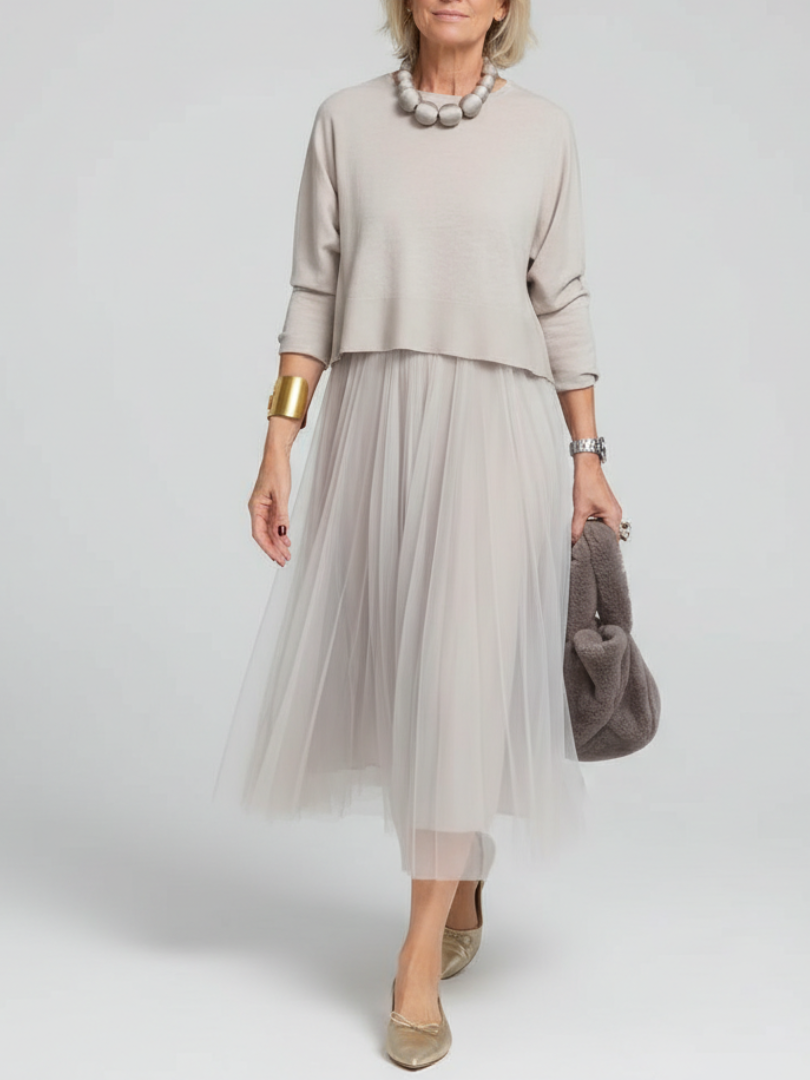 Zanelia | Women's Midi Dress With Long Sleeves And Pleated Skirt